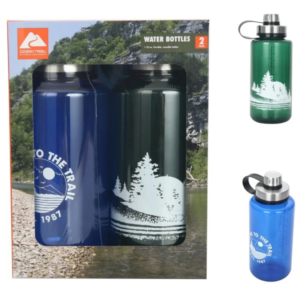 Ozark Trail 32oz BPA Free Plastic Water Bottles with Lids, 2 Pack